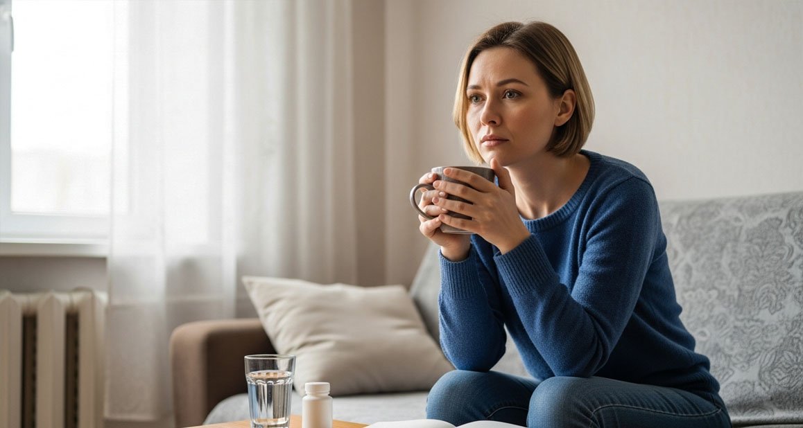 Девушка сидит на диване, испытывая тревогу